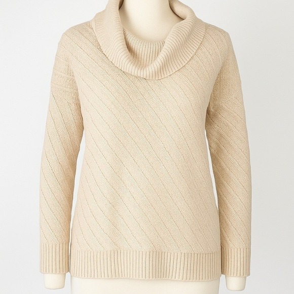 White House Black Market Sweaters - Pointelle Wool Cowl Neck Sweater Size S Tan Cream Cottagecore Preppy Fisherman